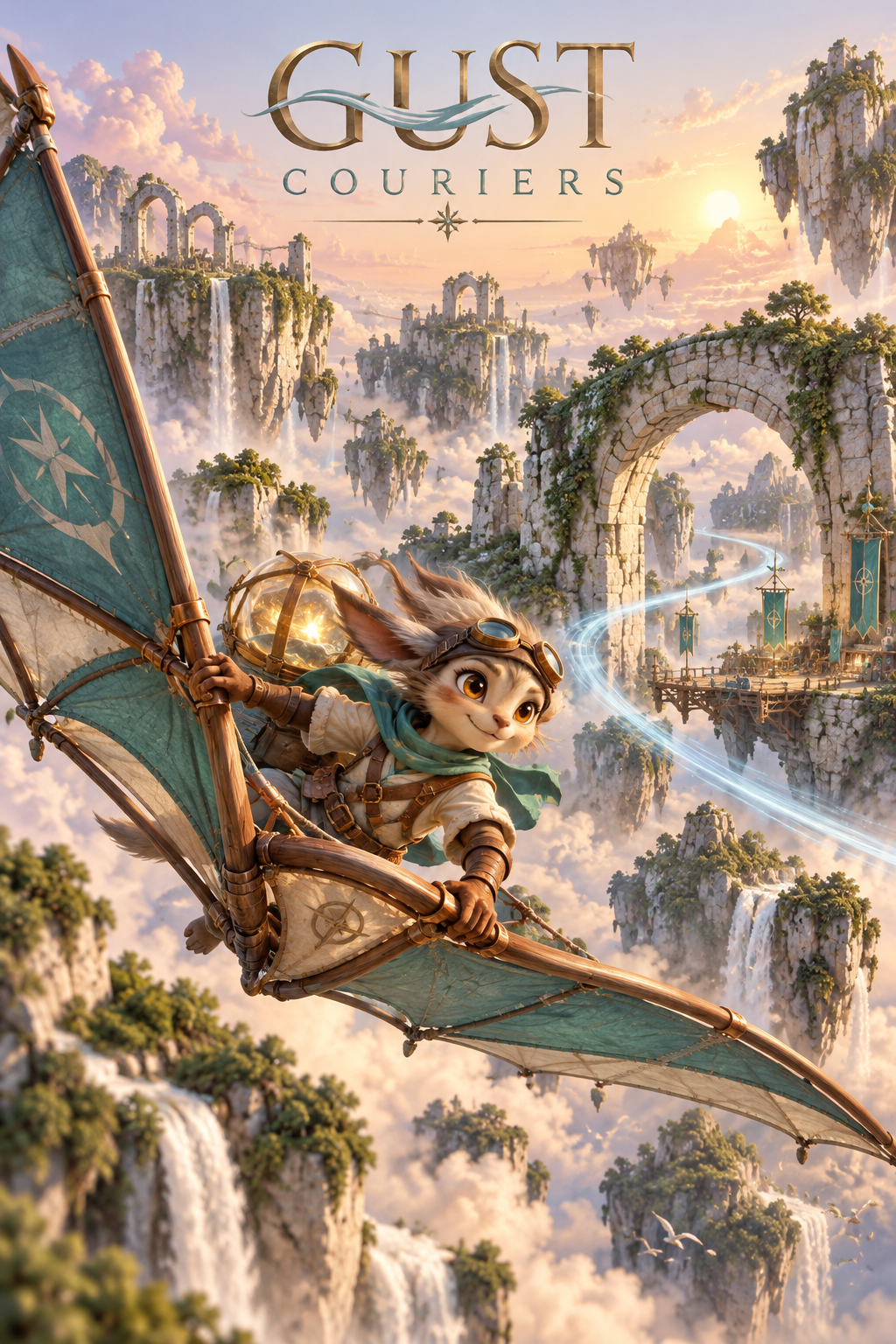 Gust Couriers generated promo: an original glider pilot carrying cargo through floating ruins