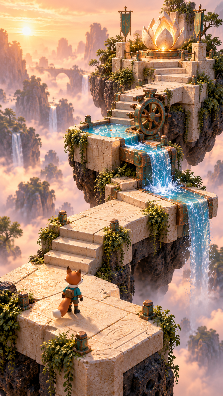 Little Summit generated visual target: a fox climbing carved floating stone terraces with copper mechanisms and waterfalls
