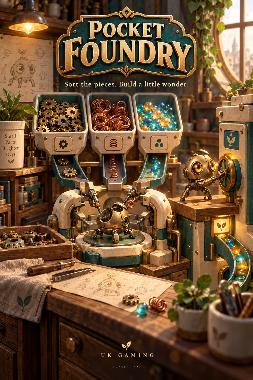 Pocket Foundry generated promo: a richly detailed copper and ceramic workshop with friendly helpers