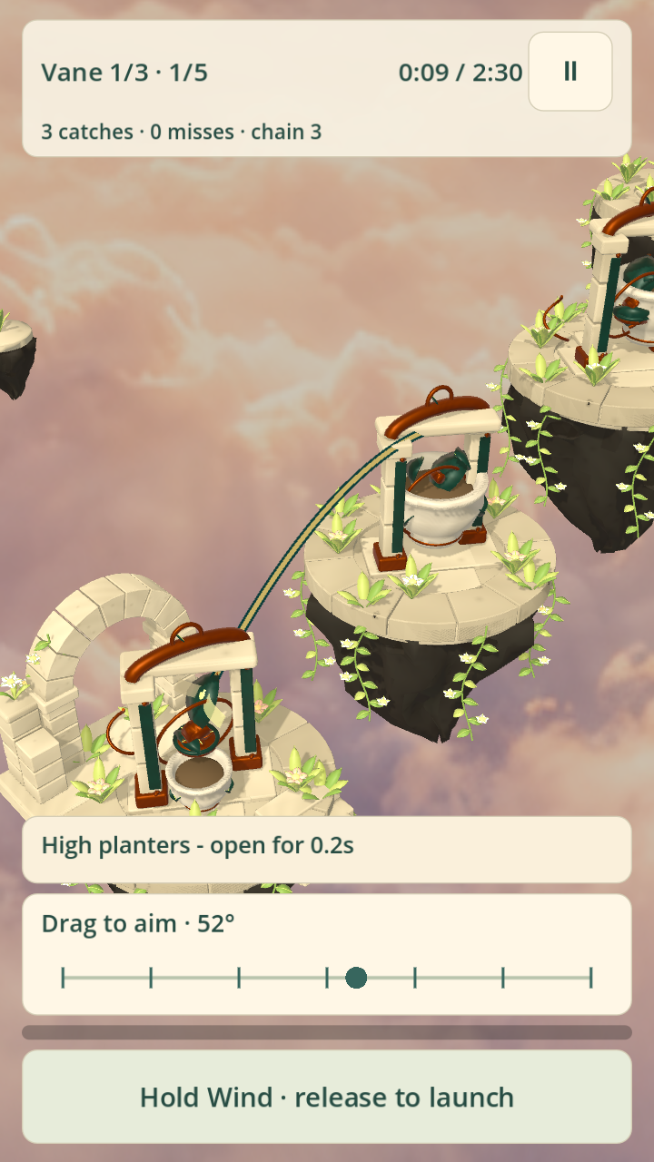 Windworks gameplay: leafy stone islands connected by a wind-driven route